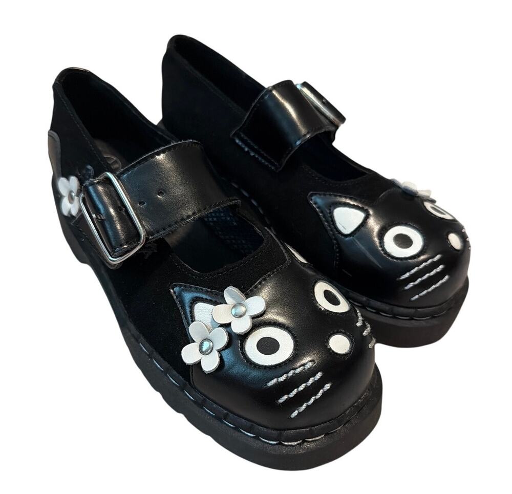 T.U.K. Black Suede Kitty Flower Mary Janes - Women's Size 7 (Style T2327)